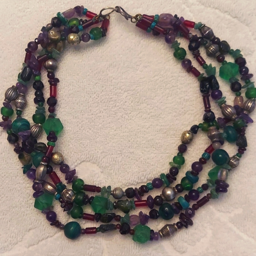 4 strand choker necklace of stones and silver beads